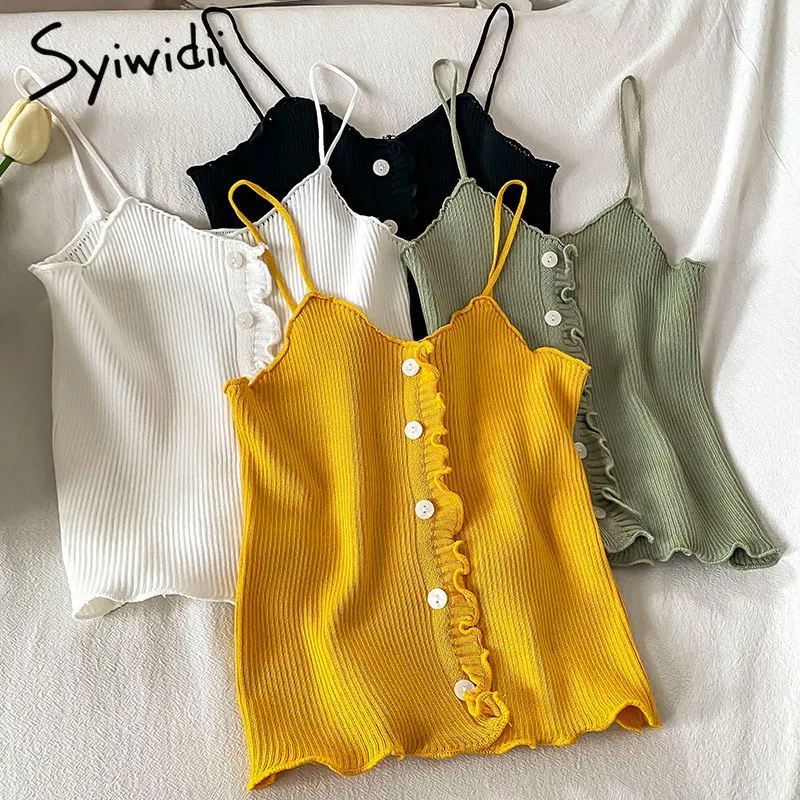 Syiwidii Gestrickte Essbare Baum Pilz Camis Frauen Schraube Gewinde Taste Casual Solide Tank Top Sommer Mode Neue Kurze Kleidung 210417