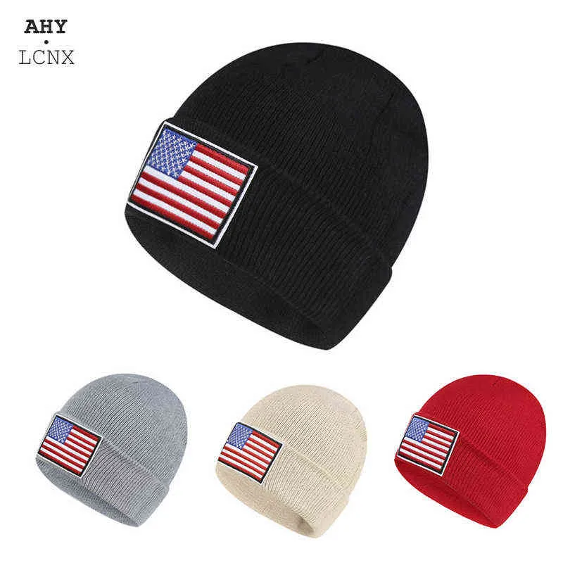 Neue Wintermütze Stickerei USA Flagge Beanie Cap Strickmütze Herbst Motorhaube für Hip Hop Mützen Mode Strickmützen Skihüte Y21111