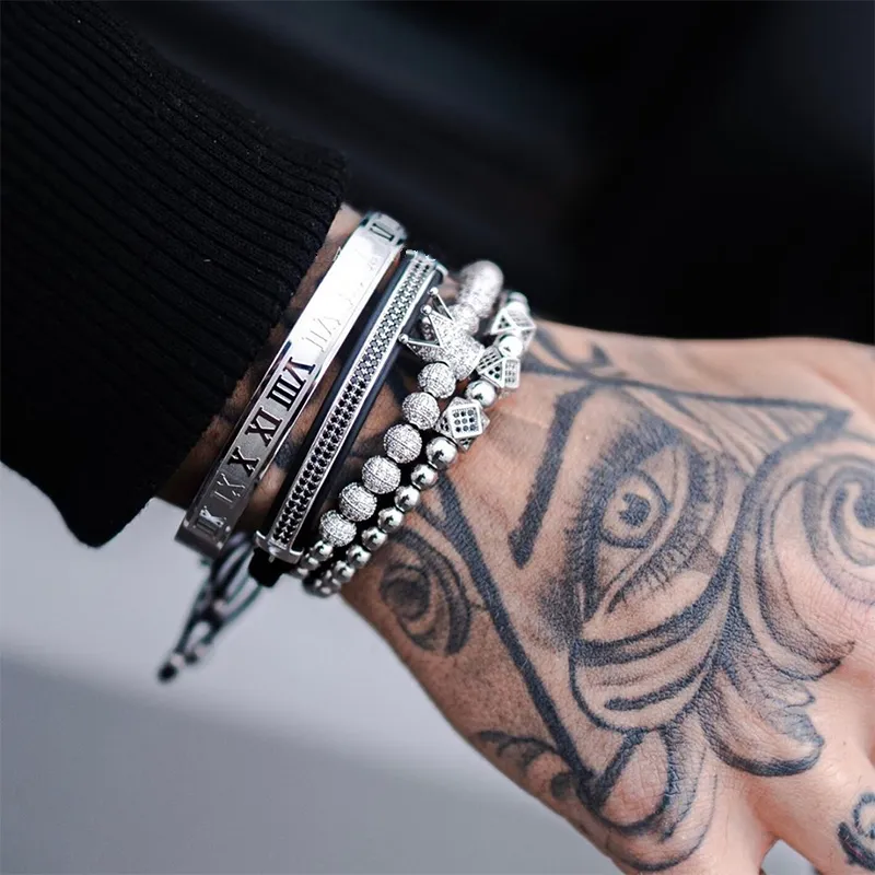 3 pezzi set numeri romani bracciale in acciaio al titanio coppia braccialetto con ciondoli corona per amanti bracciali per donna uomo gioielli di lusso tainl2967