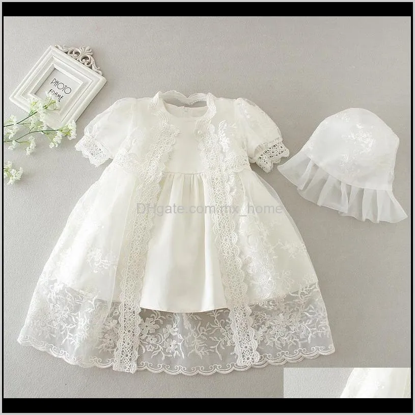 newborn christening gown girls princess dress solid back bow strap party dress lace perspective cardigan white lace hat