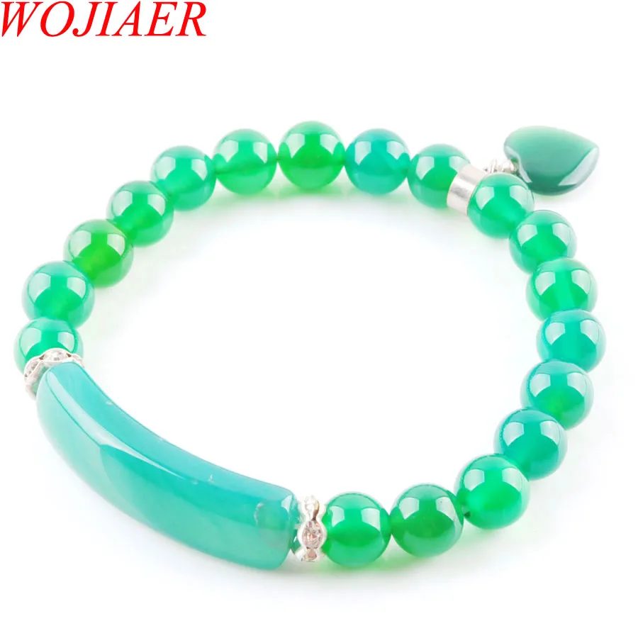 WOJIAER Natural Stone Beads Green Agate Strand Bracelets & Bangles Heart Shape Charm Fitting Women Jewelry Love Gifts K3320