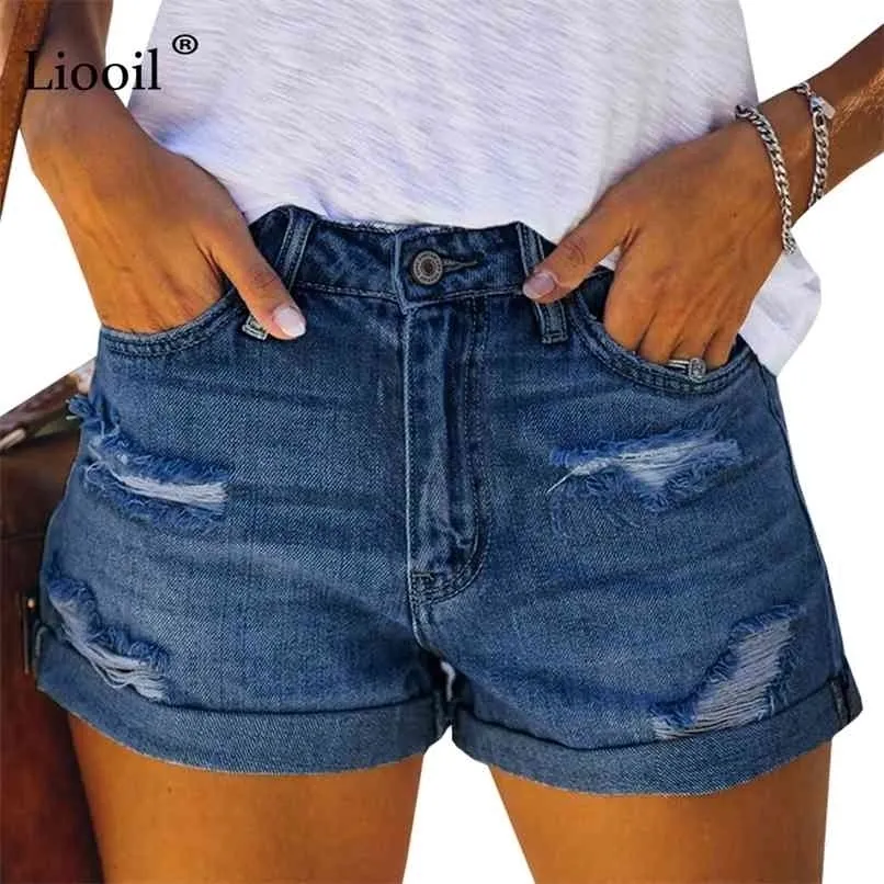 Liooil разорванные джинсы шорты для женской летней улицы с карманным молнией сексуальные черные синие женские высокие талии стрейч джинсовые короткими 210724