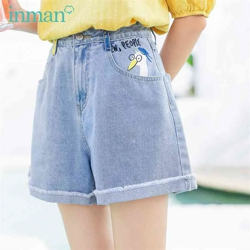 Inman Summer Graphic High Waist Pantacourt Kawaii Duck Skriv ut Bomull Material Vitality Fashion Loose Shorts Demin Jeans 210809