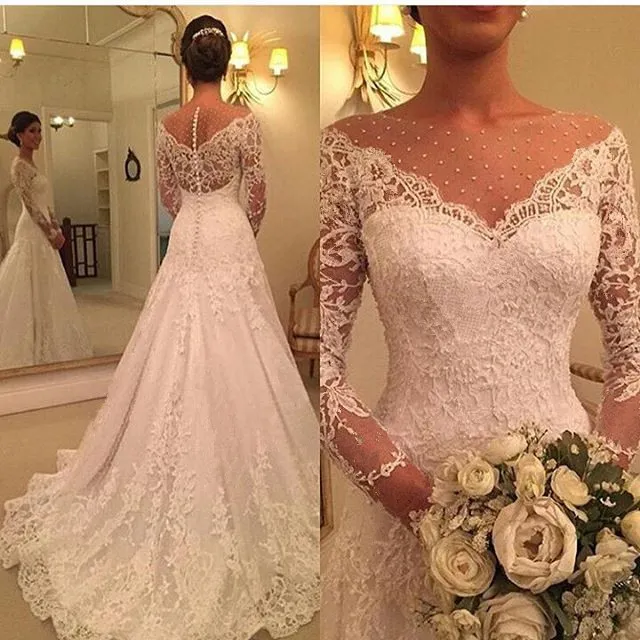 Vestido de novia de la manga larga vintage Una línea de encaje de cuello transparente. Vestidos de novia Bita de Mariage de novia hechos a personalizados Tamaño 418