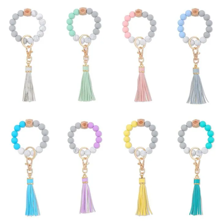 8 Colors Silicone Bead Bracelet Keychain Female Bracelets Key Ring Tassel Wooden Beads Food Grade Girl Keyring Wrist Strap