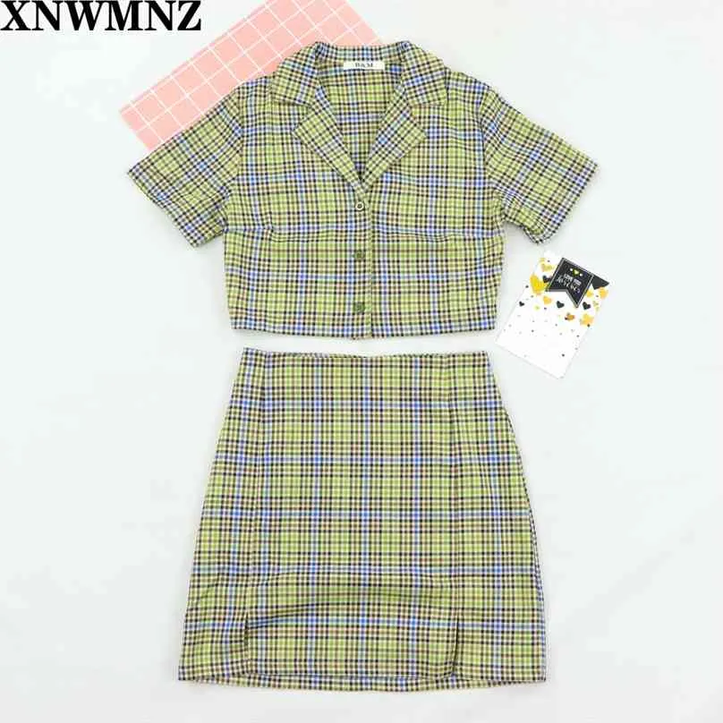 harajuku hög midja split kort kjol Streetwear tartan grönt tryck blå kvinnor A-line Saia Womens Plaid Mini 210520