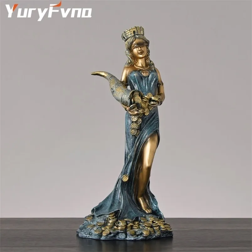 YuryFvna Greek Goddess of Luck and Fortune StatuesResin Blinded Lady Holding The Horn Wealth Roman Figurines Home Decor 211105