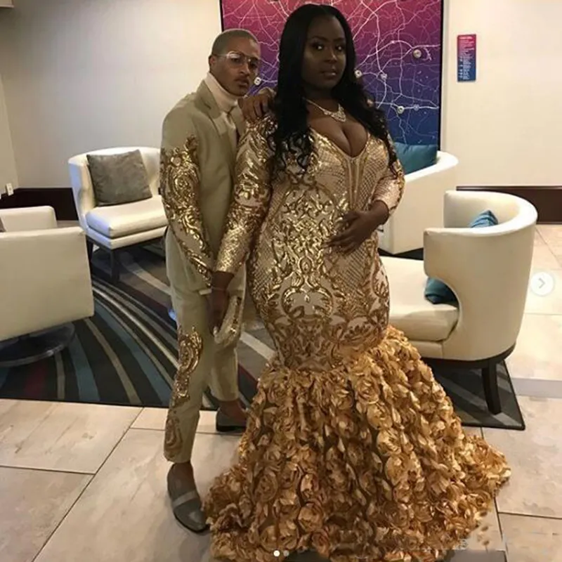 Black Girl Sequin Prom Dress 2024 V Neck Applique Long Sleeves Rose Floral Skirt Plus Size Gown From Veralove999 116.74 DHgate.Com