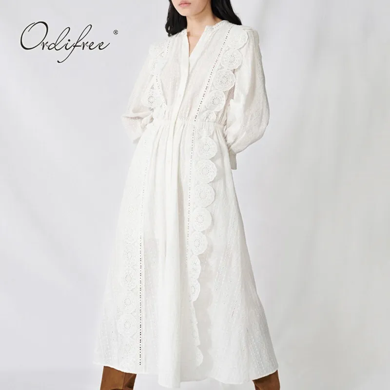 Lato Vintage Kobiety Maxi Haft Rękaw Biała Koronka Bawełniana Długa Tunika Plażowa Dress 210415