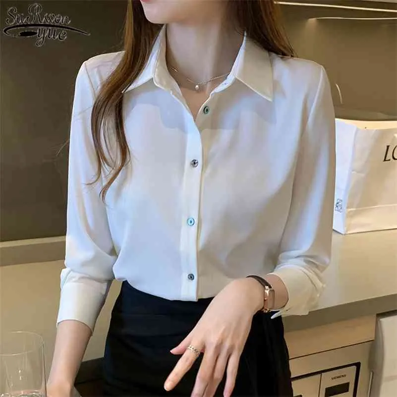 Korean Office Lady Style Blouse Women Autumn Solid Silk Long Sleeve Women's Blouse Satin Single-breasted Loose Shirts 11053 210518