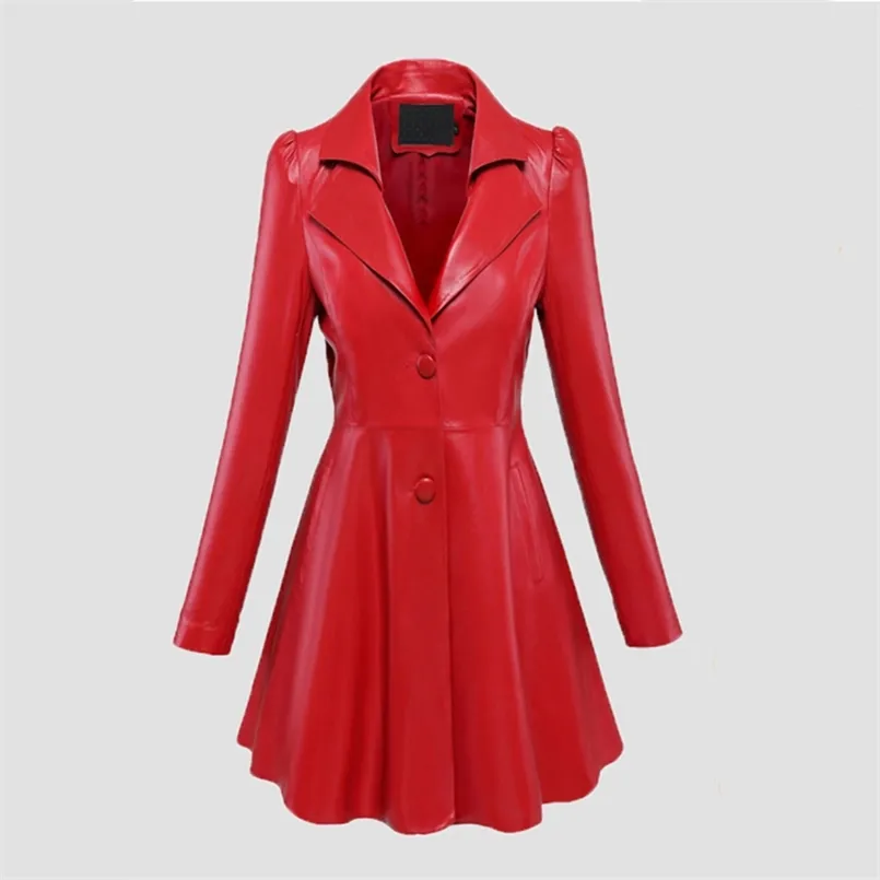 Nerazzurri Fit and flare abrigo de piel sintética solapa con muescas manga larga abullonada otoño falda negro rojo negro chaqueta de cuero claro 210909