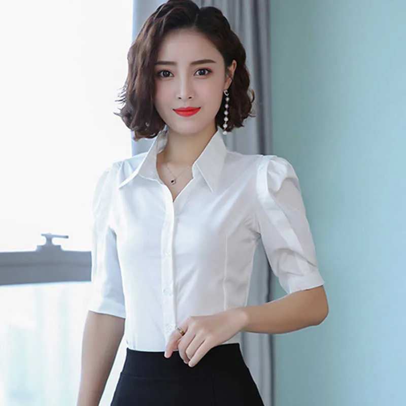 Koreanische Frauen Shirts Frau V-Ausschnitt Blusen Chiffon Weiße Tops Plus Size Office Dame Puff Sleeve 210604