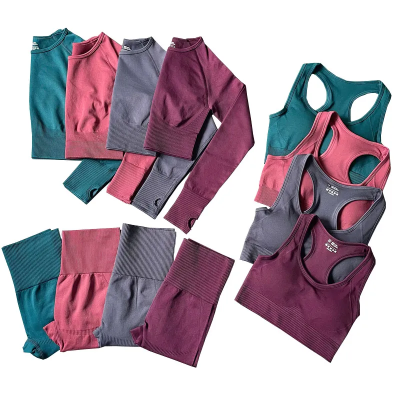 Nouvelle femme tenue de yoga vêtements de sport solides ensembles d'entraînement soutien-gorge de sport leggings sans couture à manches longues haut court femme vêtements d'entraînement vêtements de sport costumes de yoga vêtements de fitness