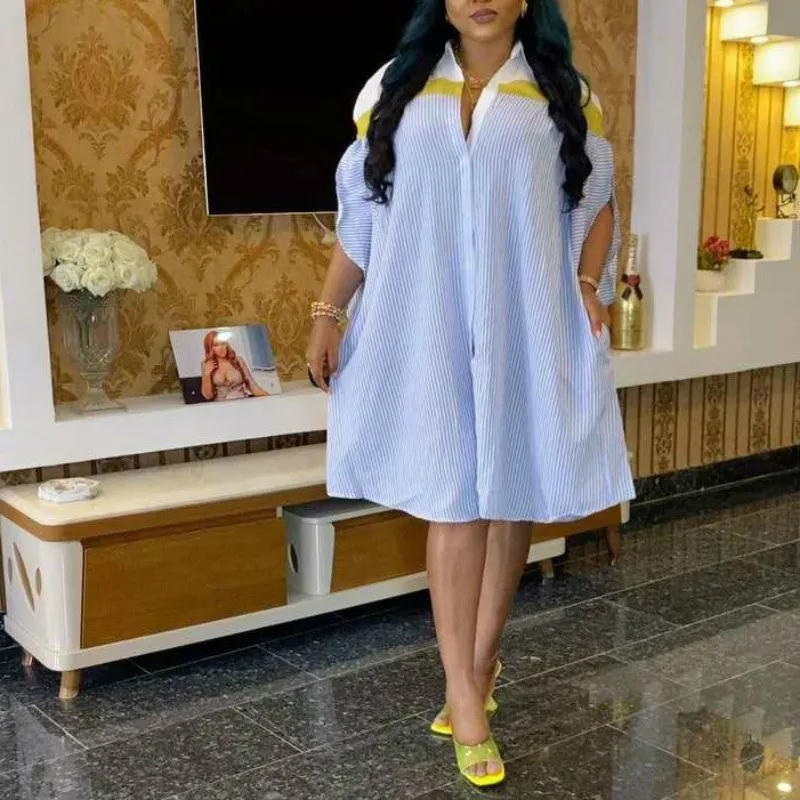 Women's Patchwork Stripe Shirt Dress Loose Fit, Three Quarter Sleeve,  Knee-Length, Fall Fashion Casual Dress Shop Now!