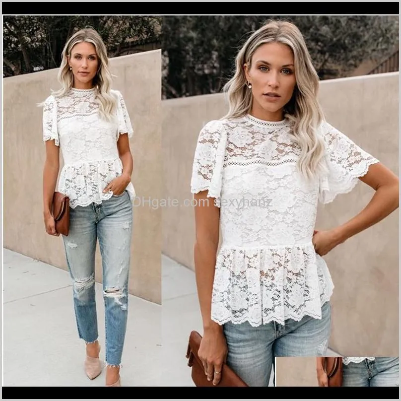 women`s fashion lightweight short flowy sleeves glam white lace peplum top