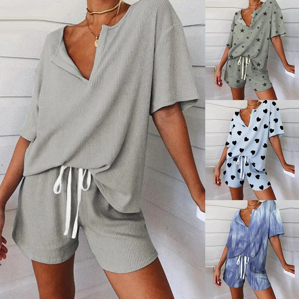Frauen V-Ausschnitt T-Shirt Dstring Shorts Blumendruck gerippte Nachtwäsche Pyjama Set X0526