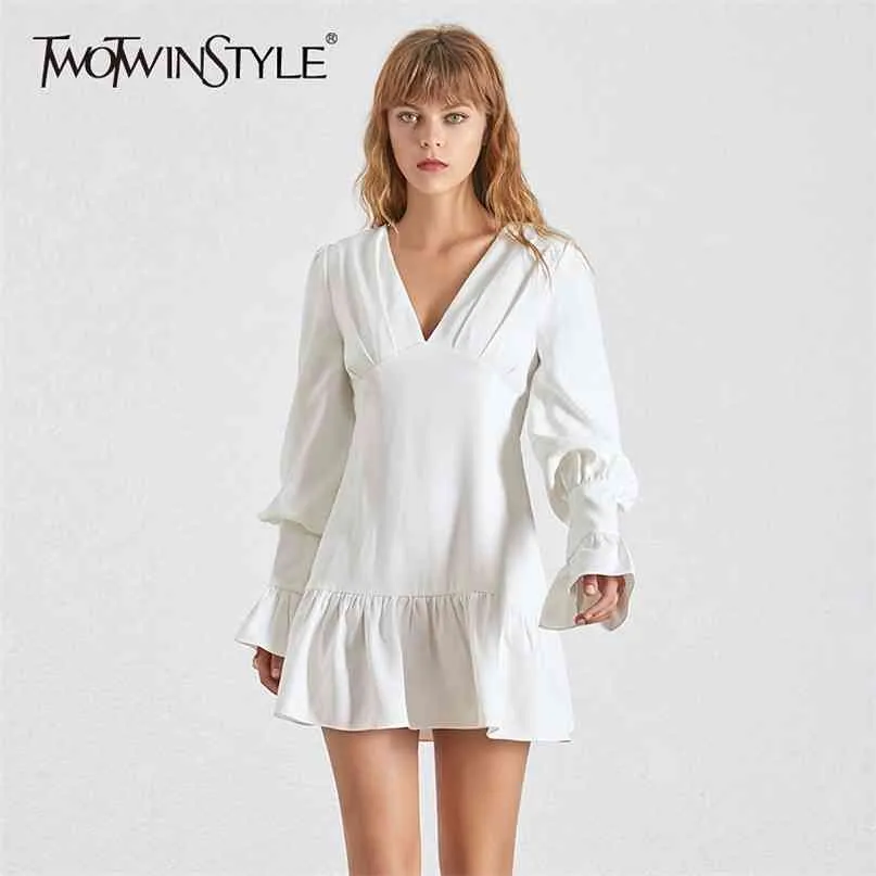 Elegante mulheres magro vestido v pescoço lanterna manga cintura alta ruffles mini vestidos feminino primavera casual 210520