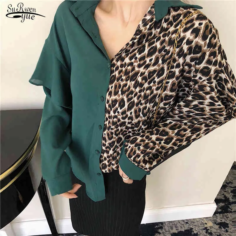 Mode Långärmad Vintage Kvinnor Blus Knapp Leopard Sexig Top Color Patckwork Black Cardigan T Shirts för 12050 210508