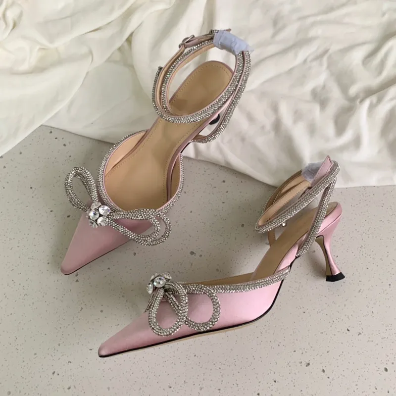 luxurious Designers Dress shoe Evening Slingback Satin Bow Pumps 6.5cm Crystal-Embellishments rhinestone shoes spool Heels sandals for women factory footwear