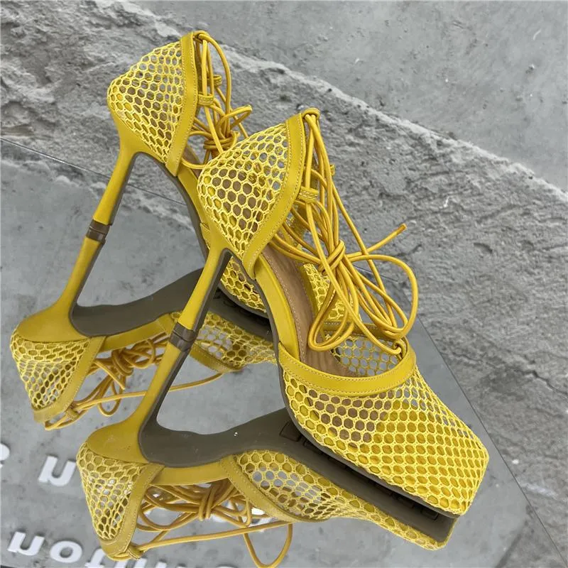 Women s 2024 Summer Square Toe High Heel Sandals 10cm Yellow Mesh Pleaser Party Shoes