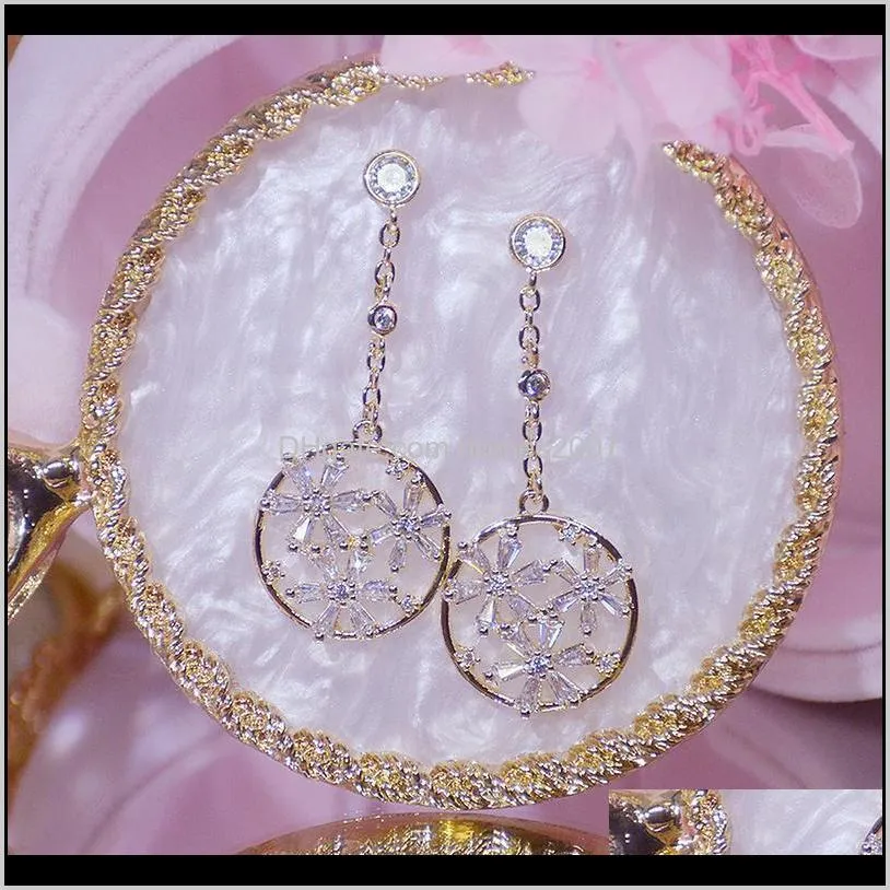 14k real gold shine flower round earring for women bling zircon charm temperament korean stud earrings wedding jewelry gift