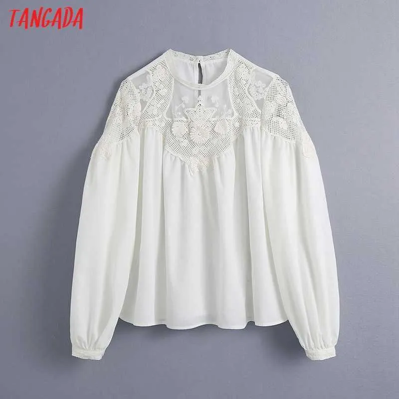 Tangada Women Retro Hollow Out Embroidery Romantic Blouse Shirt Long Sleeve Chic Female Loose Shirt Tops CE146 210609