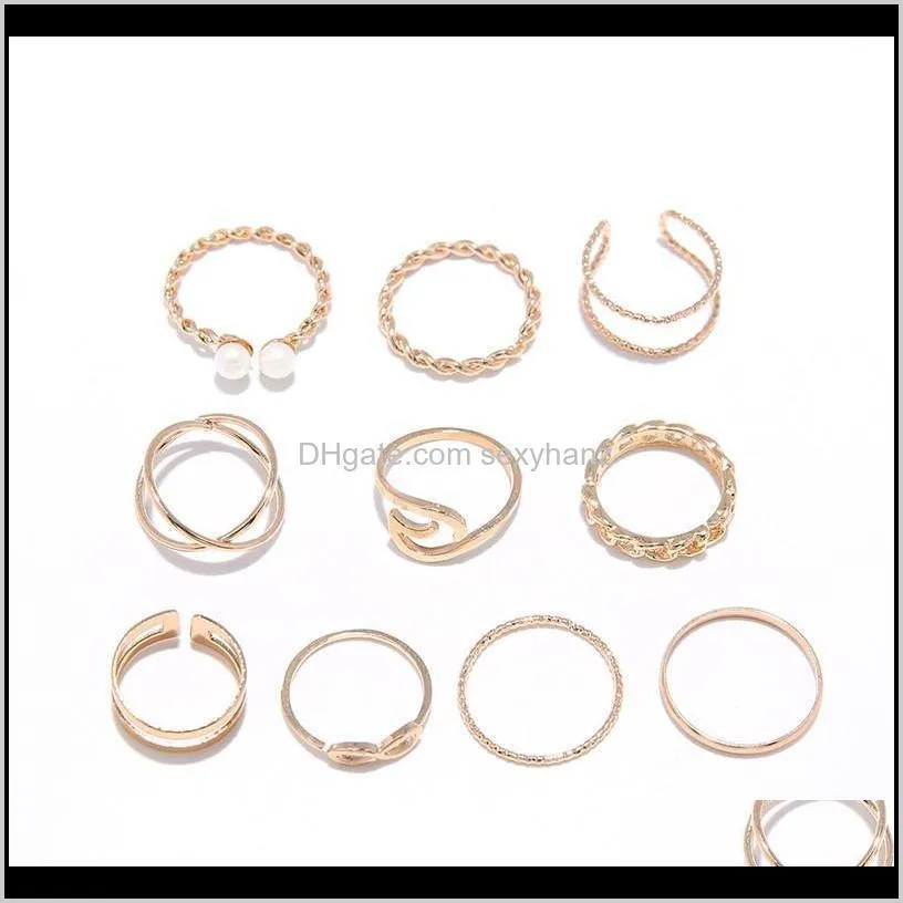 10pcs/set bohemian geometric rings set for women vintage silver gold color imitate pearl knuckle finger ring female fashion jewelry