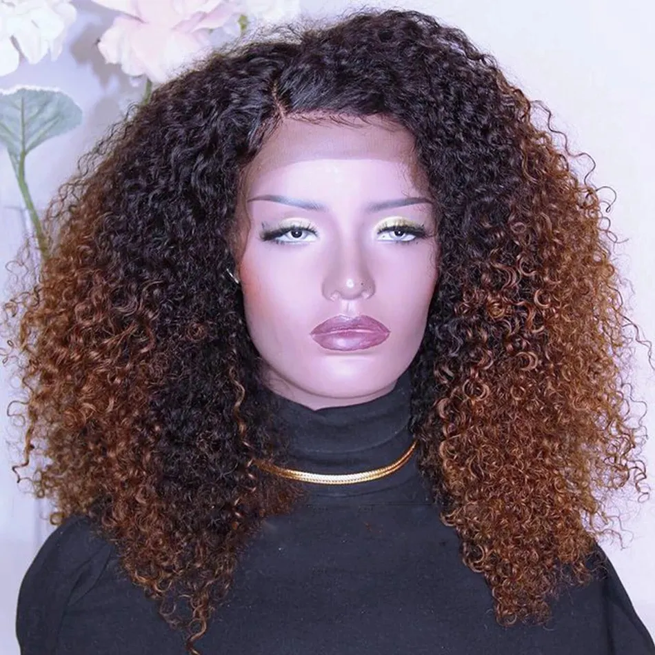 Ombre Brown Syntetyczna Koronka Przodu Peruki Afro Kinky Kręcone Peruka Wysokiej Tempature Fibre Cosplay Włosy dla Czarnych Kobiet