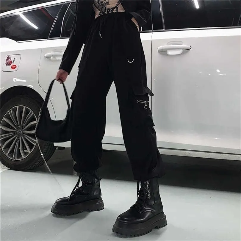 HOUZHOU Techwear noir Cargo pantalon Hippie Streetwear Punk taille haute Style coréen surdimensionné pantalon femme pantalon de survêtement 211124