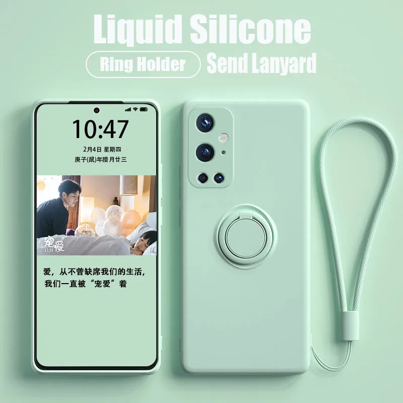 Coques de téléphone en Silicone liquide d'origine pour Oneplus 9Pro 8Pro Nord porte-anneau sangle couverture de pare-chocs souple