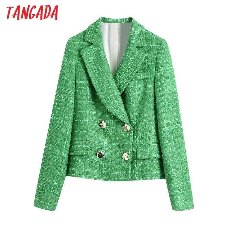 Women Double Breasted Green Tweed Blazer Coat Vintage Long Sleeve Office Lady Outerwear BE611 210416