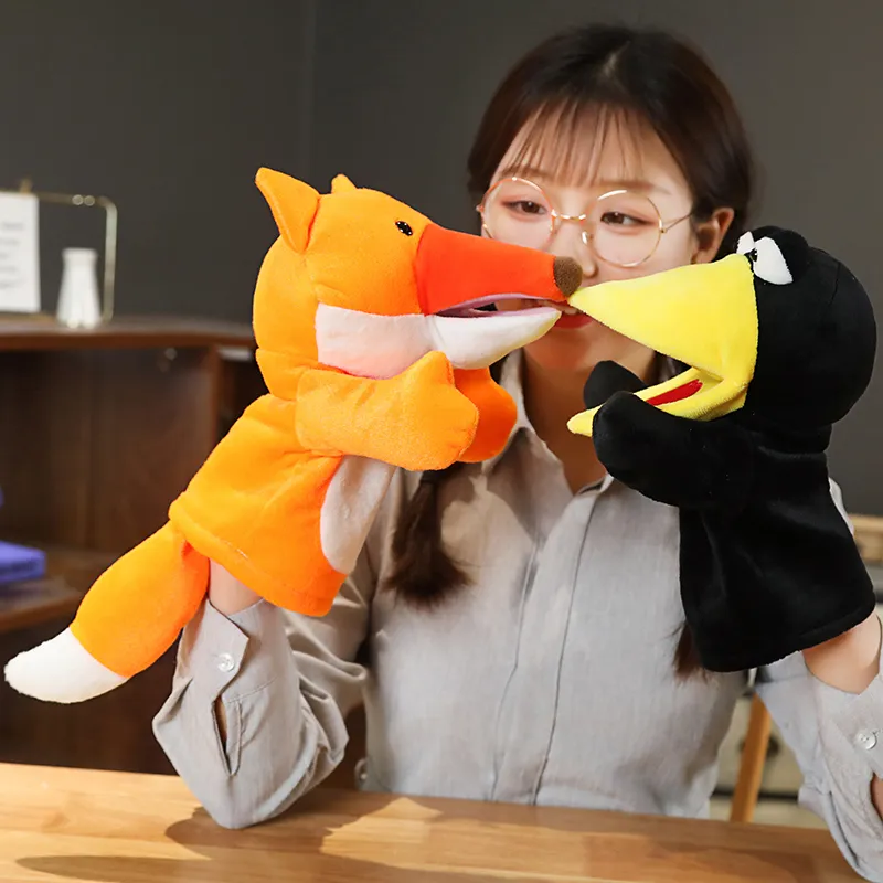 Cute soft animal plush toys cartoon fox crow stuffed hand puppets for kids pretend toys creative activity props