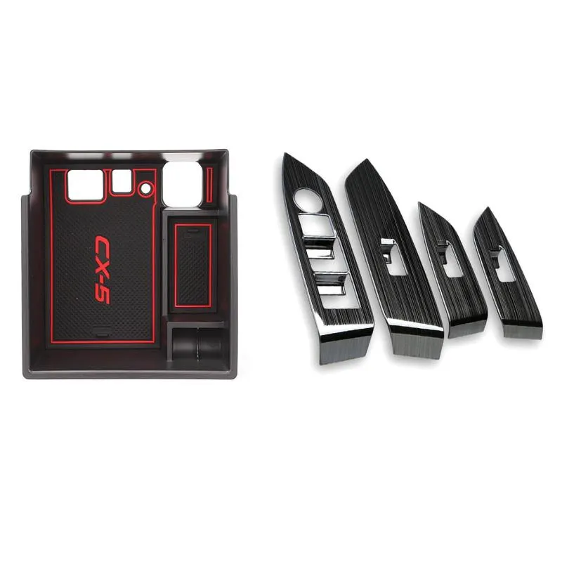 Car Organizer 1x For CX-5 CX5 CX 5 2021 Central Armrest Storage Box & 4x Window Switch Panel Adjust Cover Trim