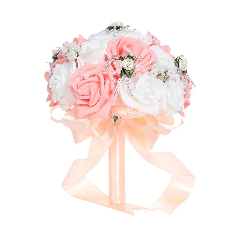 Roze kunstmatige bruidsboeket bruid bruiloft bloemen lint handvat romantische buqua de noiva 6 kleuren W5581