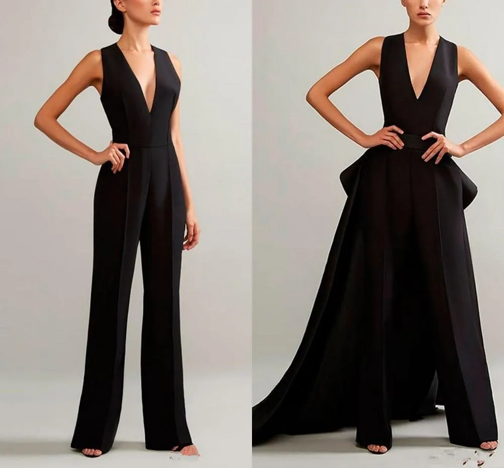 Jumpsuits de soirée noire avec jupe détachable V tanière Vol de bal de chou à volants Péplum pas cher et costume de pantalons de femmes