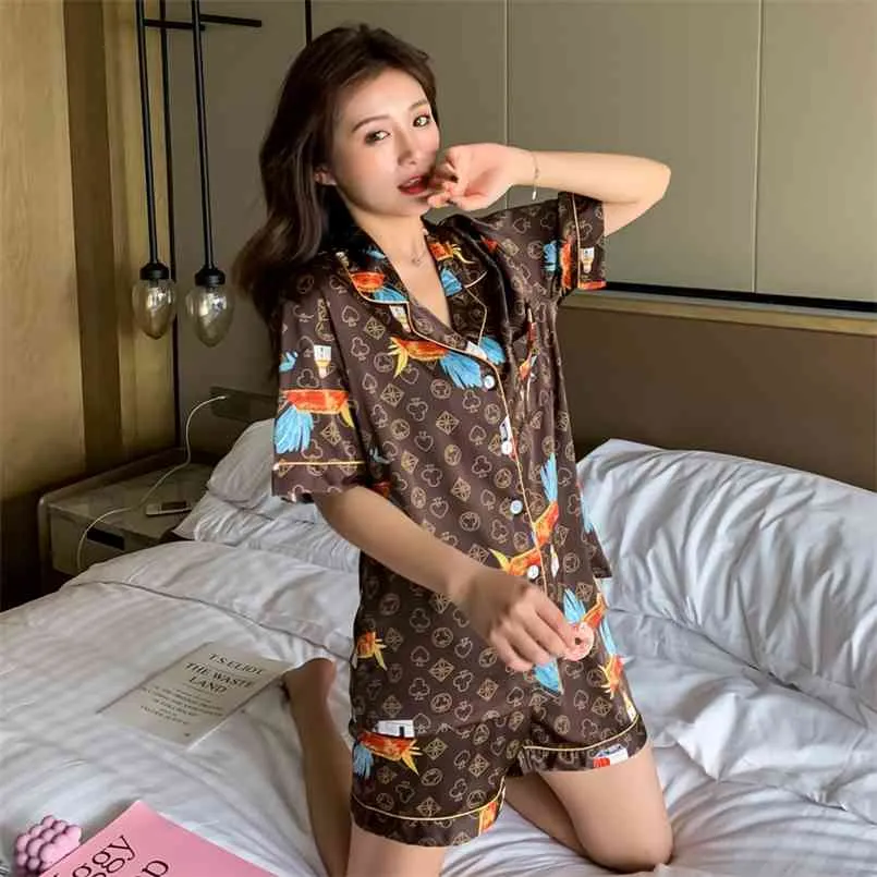 Women's Pajamas Set Luxury Style Fashion Poker Pattern Short Sleeve Couple Sleepwear Silk Like Leisure Home Clothes Nightwear 210809