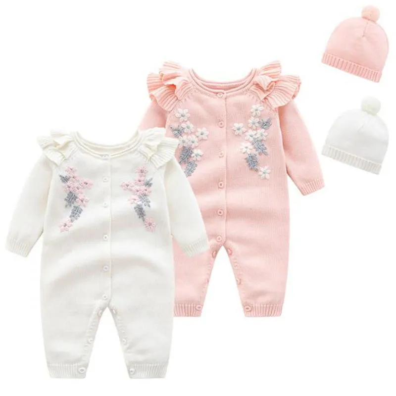 Kids Spring Autumn Girl Embroidery Rompers + Hat Baby born Clothes 210429