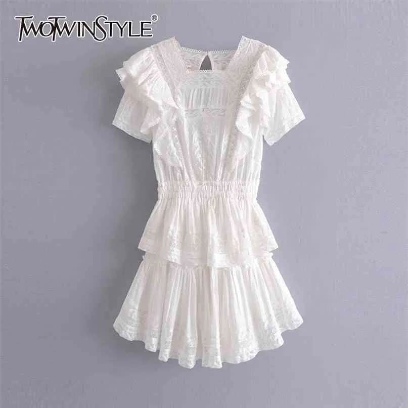 Söt vit klänning för kvinnor fyrkantig krage kortärmad hög midja patchwork mini klänningar kvinnlig sommar mode 210520