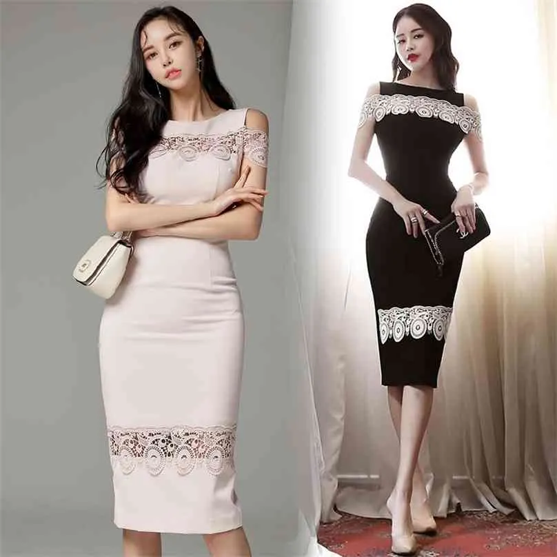 spets av axel tätt klänning koreanska damer sommar ärmlös besättning hals sexig kontor fest midi klänningar för kvinnor 210602