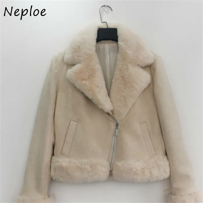 Neploe Automne Hiver Doux Vintage Manteau Style Japonais Double Poches Femme Veste Chaud Col De Fourrure Zip Femme Tops 211014
