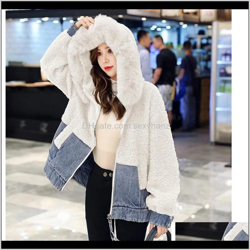 autumn winter jacket women denim jacket lamb patchwork jeans coat large collar faux fur cotton padded slim parka women1