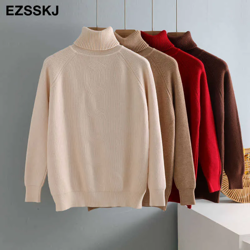 Dorywczo Jesień Zima Podstawowa Gruba Sweter High-Neck Swetry Kobiety 2021 Luźne Knit Pullover Kobiet Z Długim Rękawem Khaki Sweter X0721