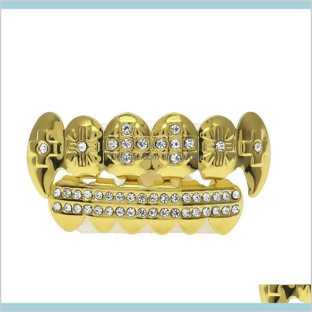 new hip hop teeth grills dental gold silver plated crystal 6 top & bottom faux dental tooth braces grills rapper body jewelry unisex