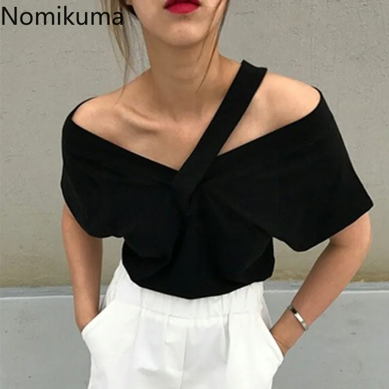 Nomikuma Koreansk stil Kortärmad Svart T-shirt Kvinnor Solid Färg Off Shoulder Sexiga Toppar Casual Fashion Tshirt Grundläggande tee 3B291 210514