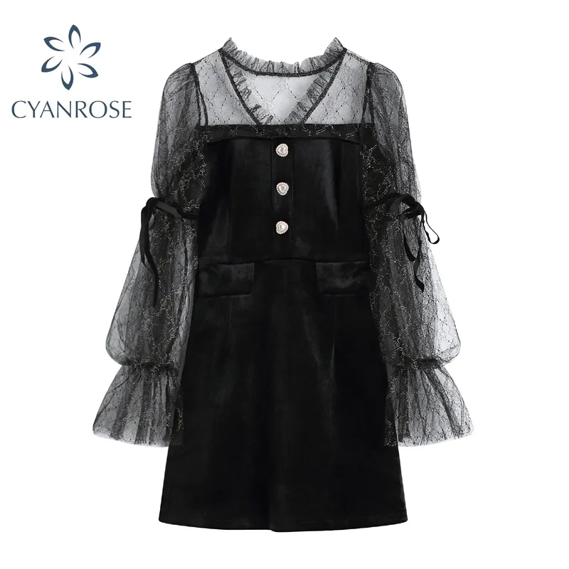 Dresses for women Black Dress Lace Sexy Vintage Dress Women Elegant Casual Long Sleeve Mini Dress Party Club Plus Size vestidos 210417