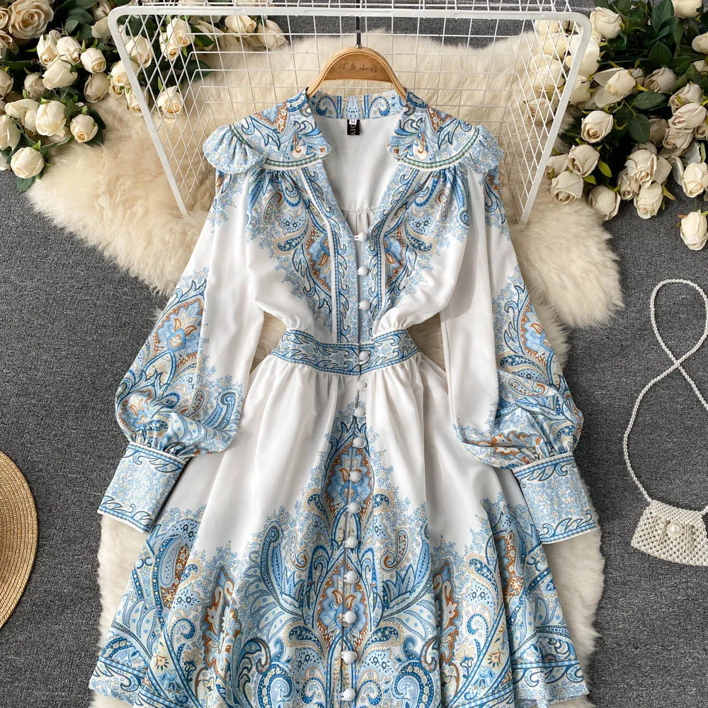 Donne casual abiti Nuova Fashion Spring Autumn Court Retro Stamping retrò chic Vesto a V Single a petto A-Line Abito corto Elegante Vestido299G