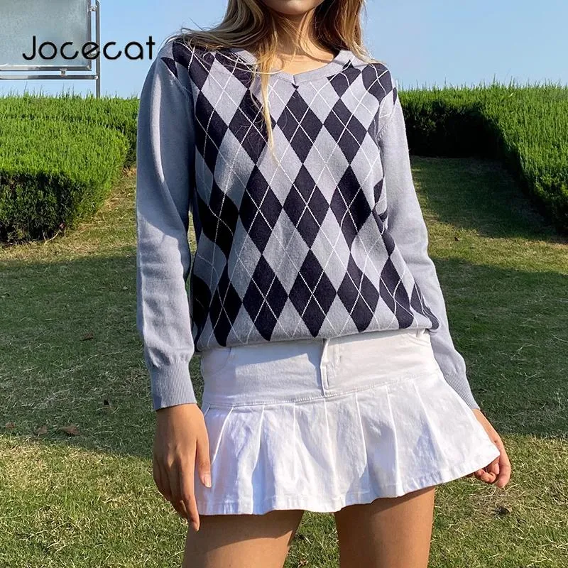 Jocecat Argyle Plaid Otenized jumpers voor vrouwen Preppy Style 90s PULLOVOVER KNITWEAR V NEK Lange mouw Autumn Winter Sweaters Women's