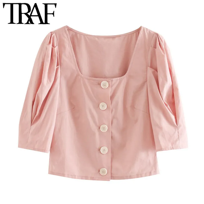 Traf Women Sweet Fashion-Up Przycięte bluzki Vintage kwadratowe kołnierz Lattern Rękaw Koszule Blusas Chic Tops 210415