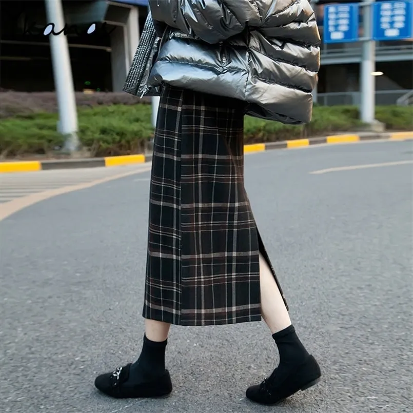 Plus size cintura alta midi longo lã xadrez saia para mulheres inverno quente elegante escritório senhora vintage outono maxi s 220221