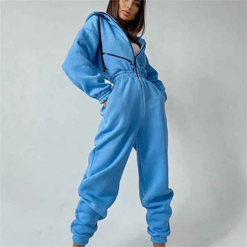 Vinter Kvinnor Jumpsuits Varma Overaller Casual Fleece Zipper Pocket Hoodie Sweatshirts Loose Solid Outfit Tracksuit 211119